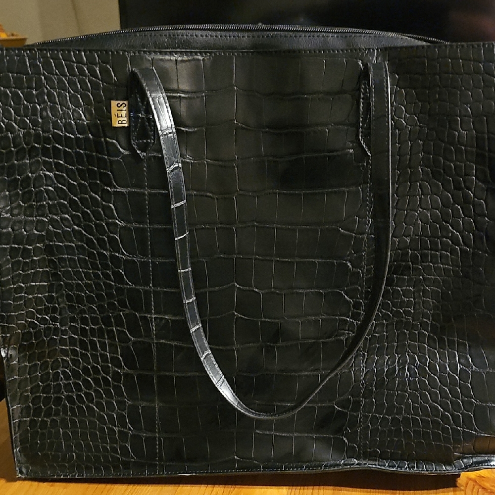 Beis Black Croc Embossed Tote